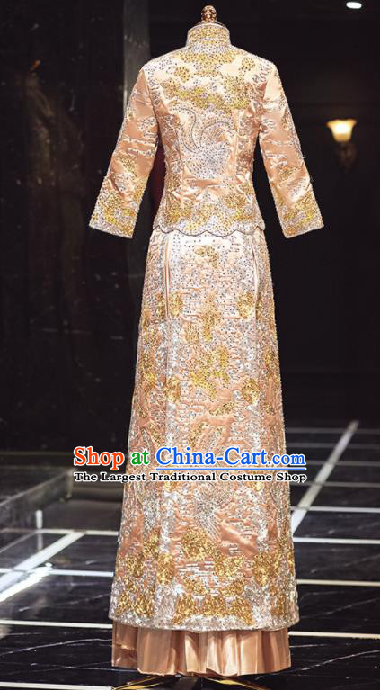 Chinese Traditional Wedding Embroidered Drilling Champagne Blouse and Dress Xiu He Suit Red Bottom Drawer Ancient Bride Costumes for Women