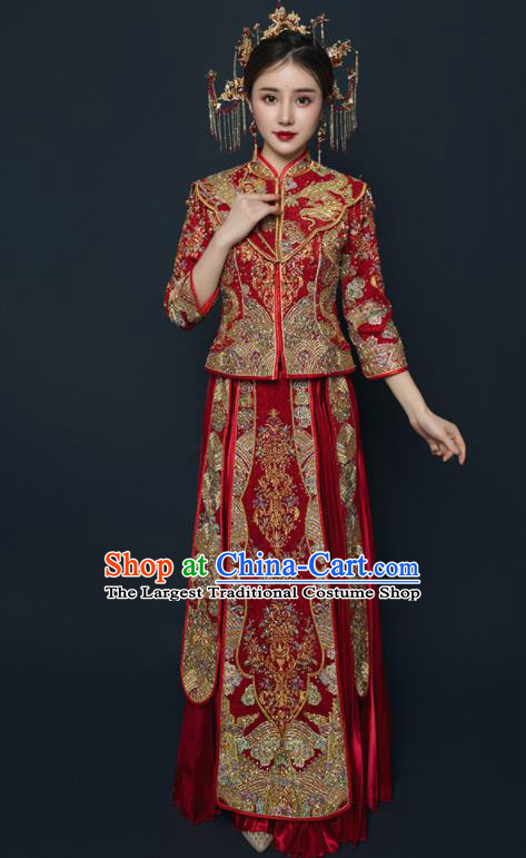 Chinese Traditional Wedding Embroidered Drilling Red Blouse and Dress Xiu He Suit Red Bottom Drawer Ancient Bride Costumes for Women