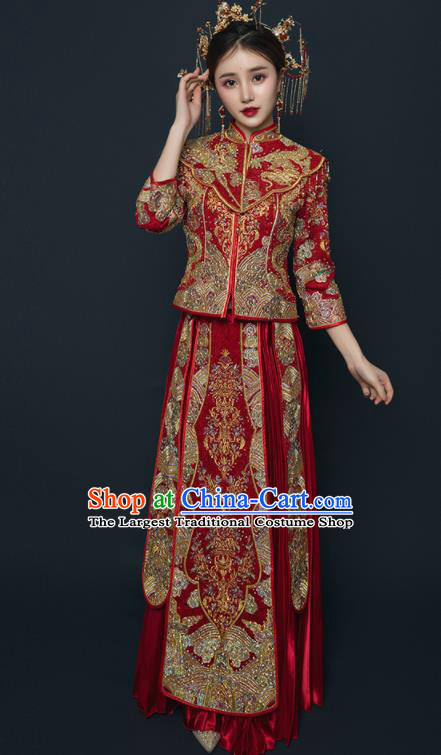 Chinese Traditional Wedding Embroidered Drilling Red Blouse and Dress Xiu He Suit Red Bottom Drawer Ancient Bride Costumes for Women