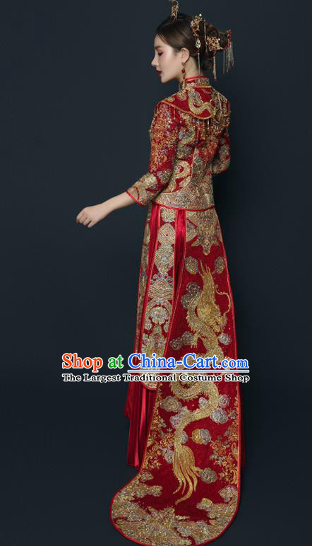 Chinese Traditional Wedding Embroidered Drilling Red Blouse and Dress Xiu He Suit Red Bottom Drawer Ancient Bride Costumes for Women