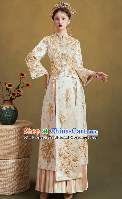 Chinese Traditional Embroidered Champagne Bottom Drawer Wedding Blouse and Dress Xiu He Suit Ancient Bride Costumes for Women
