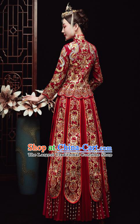 Chinese Traditional Wedding Embroidered Drilling Phoenix Red Blouse and Dress Xiu He Suit Red Bottom Drawer Ancient Bride Costumes for Women