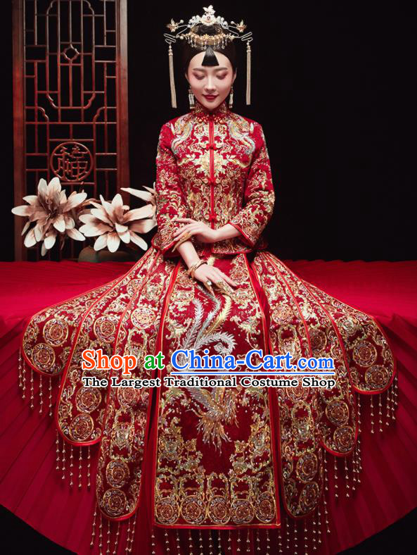 Chinese Traditional Wedding Embroidered Drilling Phoenix Red Blouse and Dress Xiu He Suit Red Bottom Drawer Ancient Bride Costumes for Women