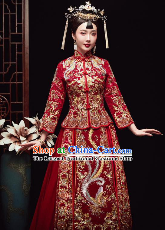 Chinese Traditional Wedding Embroidered Drilling Phoenix Red Blouse and Dress Xiu He Suit Red Bottom Drawer Ancient Bride Costumes for Women