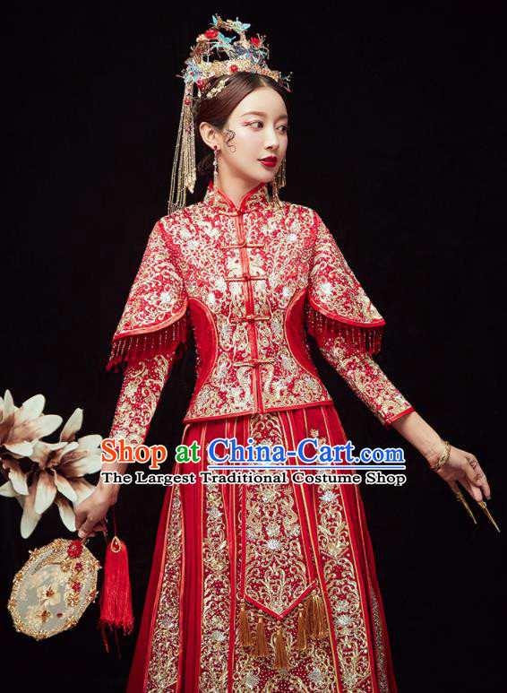 Chinese Traditional Wedding Embroidered Drilling Flowers Red Blouse and Dress Xiu He Suit Red Bottom Drawer Ancient Bride Costumes for Women