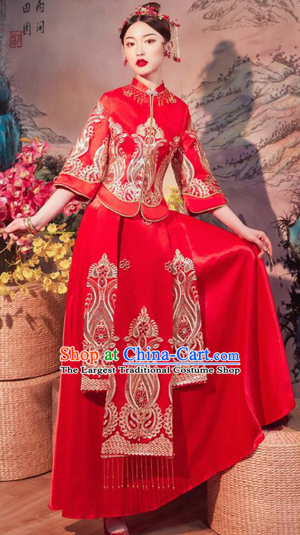 Chinese Traditional Wedding Embroidered Red Slim Blouse and Dress Xiu He Suit Red Bottom Drawer Ancient Bride Costumes for Women