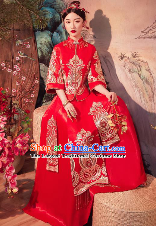 Chinese Traditional Wedding Embroidered Red Slim Blouse and Dress Xiu He Suit Red Bottom Drawer Ancient Bride Costumes for Women