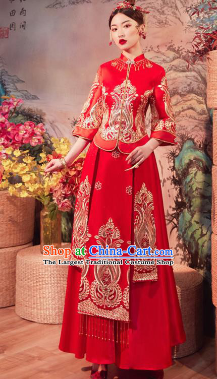 Chinese Traditional Wedding Embroidered Red Slim Blouse and Dress Xiu He Suit Red Bottom Drawer Ancient Bride Costumes for Women