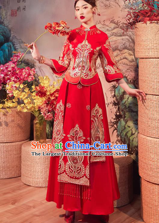 Chinese Traditional Wedding Embroidered Red Slim Blouse and Dress Xiu He Suit Red Bottom Drawer Ancient Bride Costumes for Women