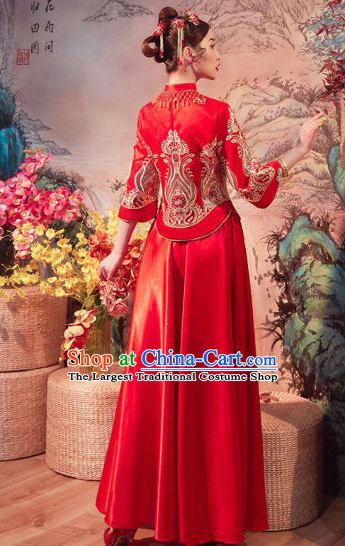 Chinese Traditional Wedding Embroidered Red Slim Blouse and Dress Xiu He Suit Red Bottom Drawer Ancient Bride Costumes for Women