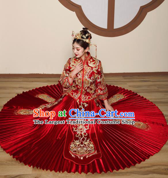 Chinese Traditional Wedding Embroidered Drilling Slim Blouse and Dress Xiu He Suit Red Bottom Drawer Ancient Bride Costumes for Women