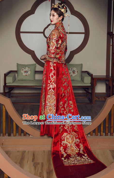 Chinese Traditional Wedding Embroidered Drilling Slim Blouse and Dress Xiu He Suit Red Bottom Drawer Ancient Bride Costumes for Women
