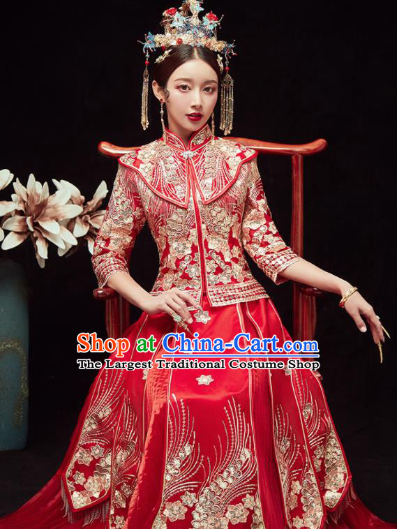 Chinese Traditional Wedding Embroidered Flowers Slim Blouse and Dress Xiu He Suit Red Bottom Drawer Ancient Bride Costumes for Women