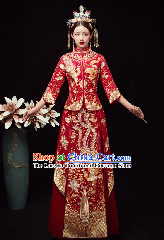 Chinese Traditional Wedding Embroidered Phoenix Peony Slim Blouse and Dress Xiu He Suit Red Bottom Drawer Ancient Bride Costumes for Women