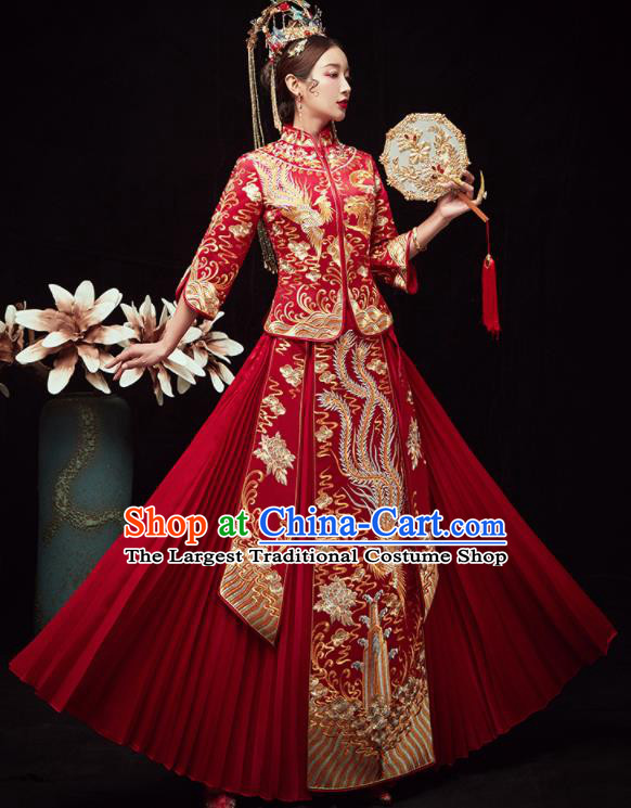 Chinese Traditional Wedding Embroidered Phoenix Peony Slim Blouse and Dress Xiu He Suit Red Bottom Drawer Ancient Bride Costumes for Women