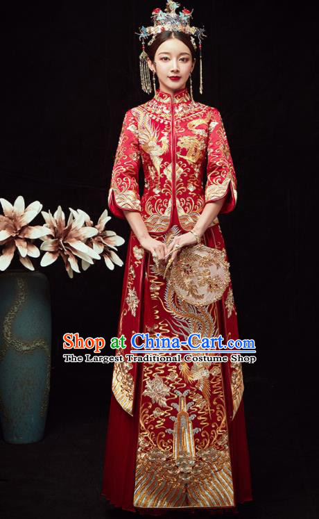 Chinese Traditional Wedding Embroidered Phoenix Peony Slim Blouse and Dress Xiu He Suit Red Bottom Drawer Ancient Bride Costumes for Women