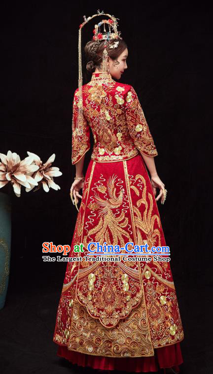 Chinese Traditional Wedding Embroidered Phoenix Slim Blouse and Dress Xiu He Suit Red Bottom Drawer Ancient Bride Costumes for Women