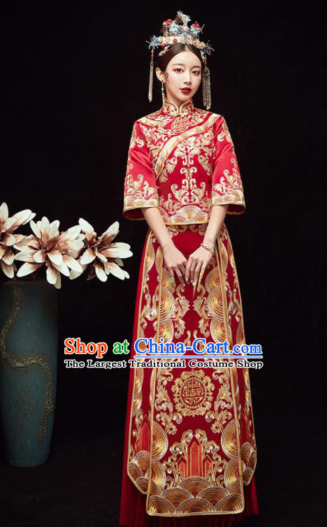 Chinese Traditional Wedding Embroidered Red Slim Blouse and Dress Xiu He Suit Red Bottom Drawer Ancient Bride Costumes for Women