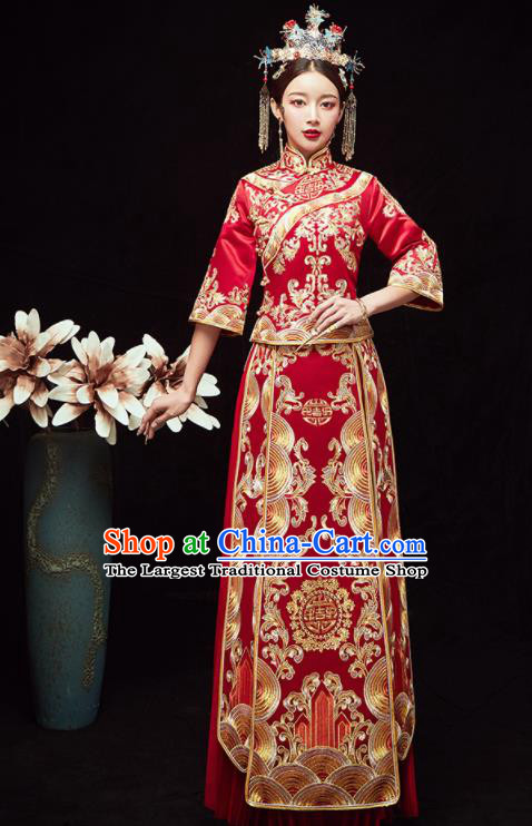 Chinese Traditional Wedding Embroidered Red Slim Blouse and Dress Xiu He Suit Red Bottom Drawer Ancient Bride Costumes for Women