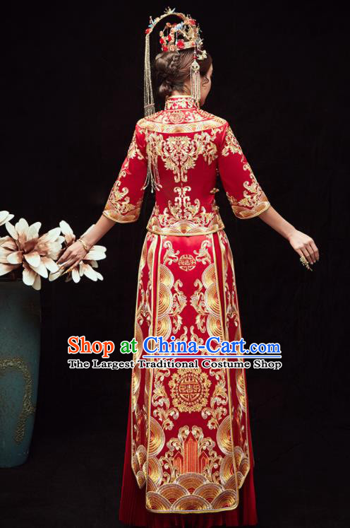 Chinese Traditional Wedding Embroidered Red Slim Blouse and Dress Xiu He Suit Red Bottom Drawer Ancient Bride Costumes for Women