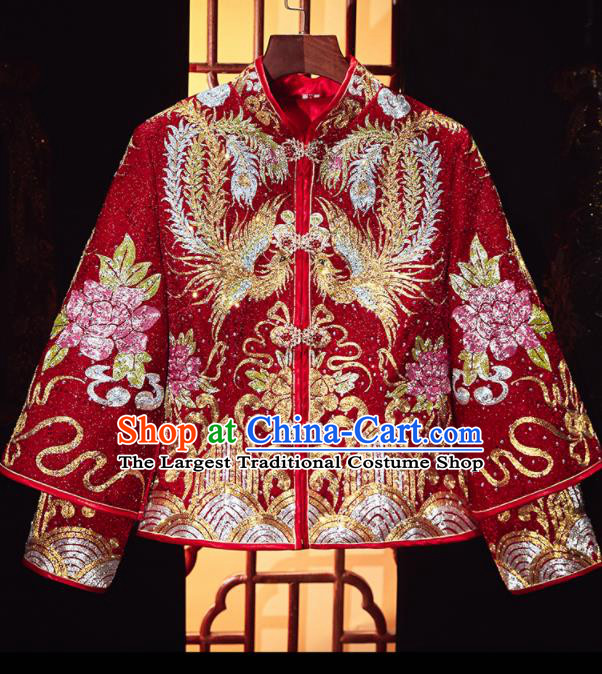 Chinese Traditional Wedding Embroidered Red Blouse and Dress Xiu He Suit Red Drilling Phoenix Bottom Drawer Ancient Bride Costumes for Women