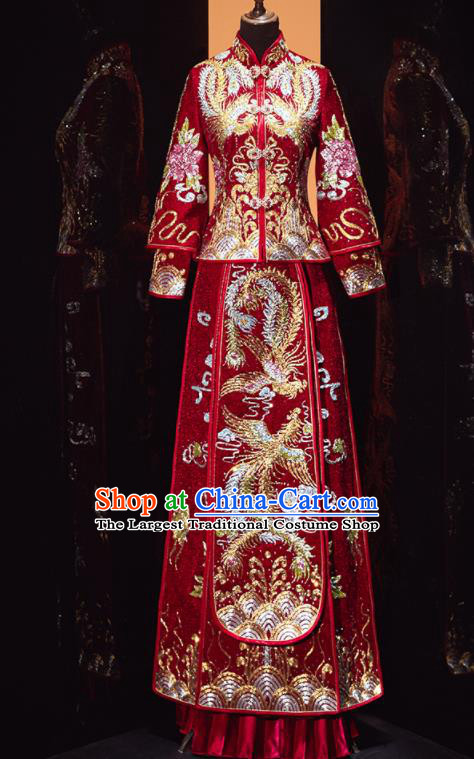 Chinese Traditional Wedding Embroidered Red Blouse and Dress Xiu He Suit Red Drilling Phoenix Bottom Drawer Ancient Bride Costumes for Women