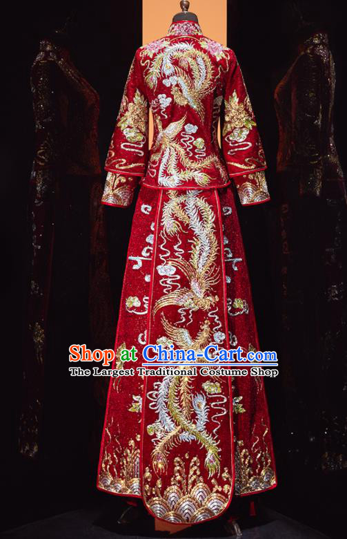 Chinese Traditional Wedding Embroidered Red Blouse and Dress Xiu He Suit Red Drilling Phoenix Bottom Drawer Ancient Bride Costumes for Women