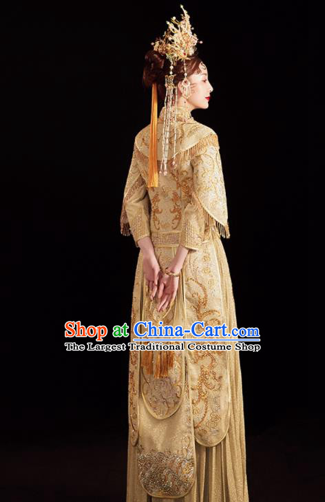 Chinese Traditional Embroidered Golden Bottom Drawer Wedding Blouse and Dress Xiu He Suit Ancient Bride Costumes for Women