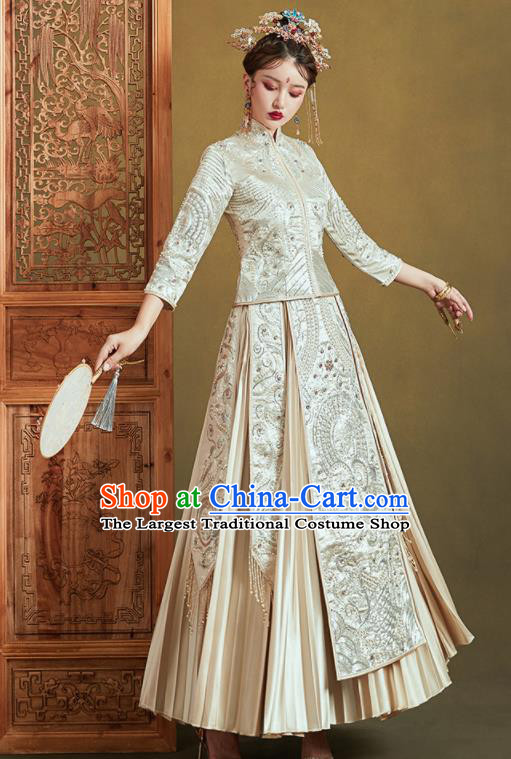 Chinese Traditional Embroidered Beige Bottom Drawer Wedding Blouse and Dress Xiu He Suit Ancient Bride Costumes for Women