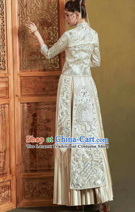 Chinese Traditional Embroidered Beige Bottom Drawer Wedding Blouse and Dress Xiu He Suit Ancient Bride Costumes for Women