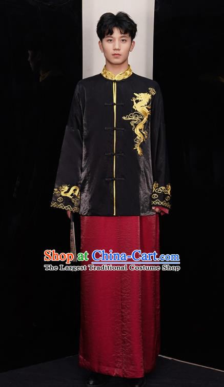 Chinese Ancient Bridegroom Embroidered Black Mandarin Jacket and Red Gown Traditional Wedding Tang Suit Costumes for Men