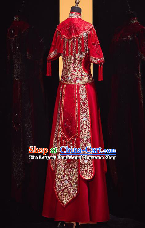 Chinese Traditional Xiu He Suit Wedding Embroidered Drilling Red Blouse and Dress Bottom Drawer Ancient Bride Costumes for Women