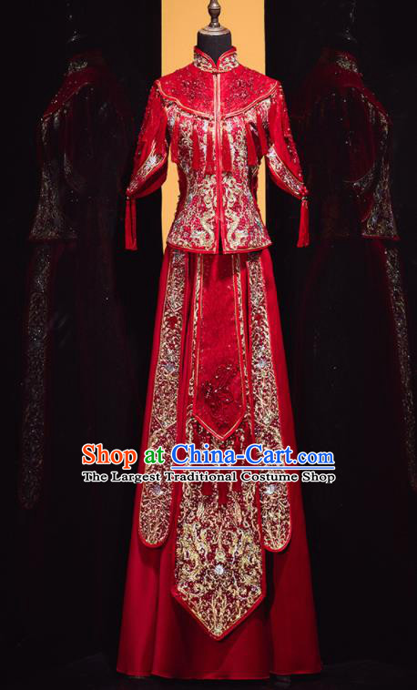 Chinese Traditional Xiu He Suit Wedding Embroidered Drilling Red Blouse and Dress Bottom Drawer Ancient Bride Costumes for Women