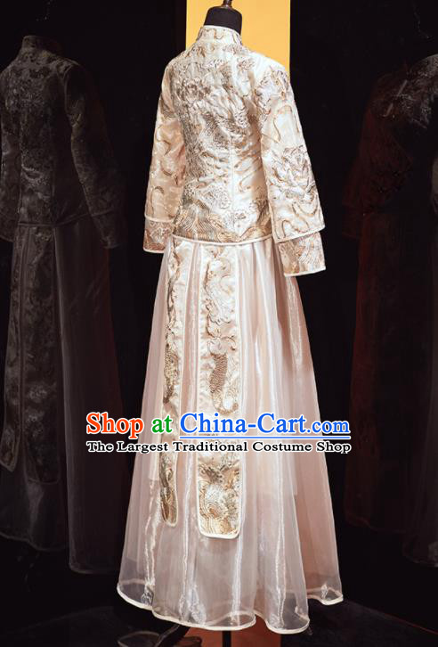 Chinese Traditional Xiu He Suit Wedding Embroidered Beige Blouse and Dress Bottom Drawer Ancient Bride Costumes for Women