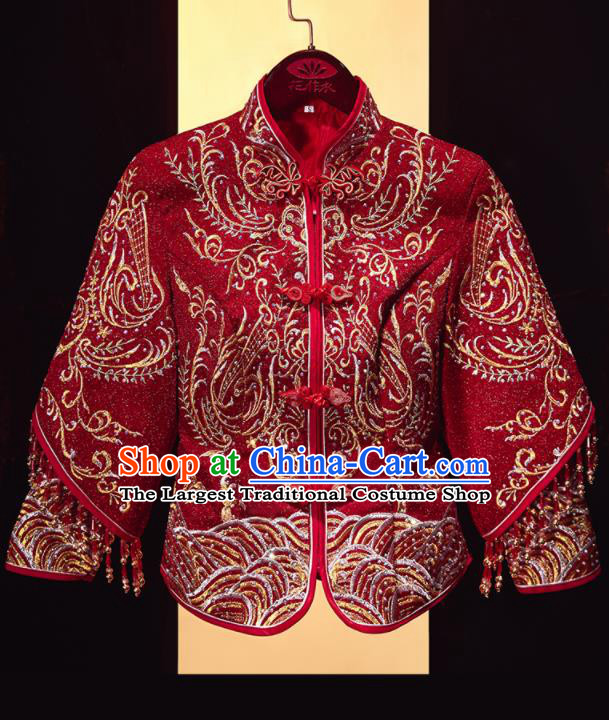 Chinese Traditional Xiu He Suit Wedding Embroidered Dark Red Blouse and Dress Bottom Drawer Ancient Bride Costumes for Women