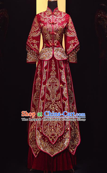 Chinese Traditional Xiu He Suit Wedding Embroidered Dark Red Blouse and Dress Bottom Drawer Ancient Bride Costumes for Women