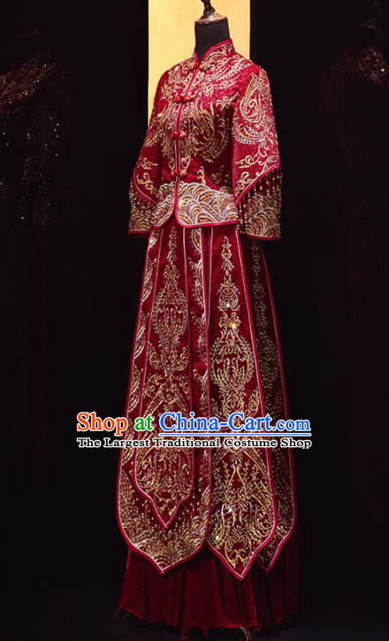 Chinese Traditional Xiu He Suit Wedding Embroidered Dark Red Blouse and Dress Bottom Drawer Ancient Bride Costumes for Women