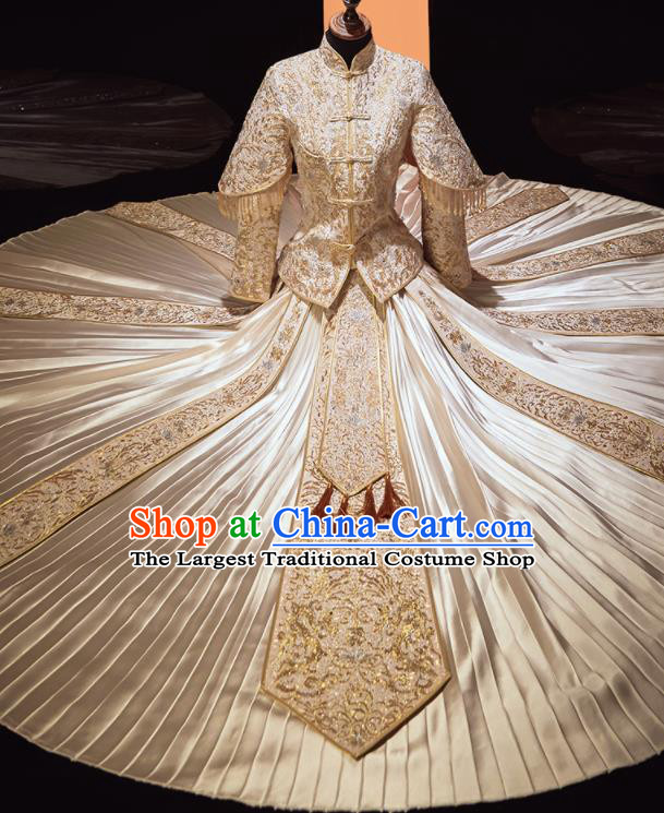 Chinese Traditional Xiu He Suit Wedding Embroidered Light Golden Blouse and Dress Bottom Drawer Ancient Bride Costumes for Women