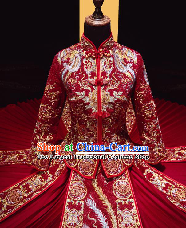 Chinese Traditional Xiu He Suit Wedding Embroidered Phoenix Red Blouse and Dress Bottom Drawer Ancient Bride Costumes for Women