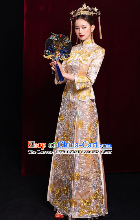 Chinese Traditional Champagne Xiu He Suit Wedding Embroidered Blouse and Dress Bottom Drawer Ancient Bride Costumes for Women