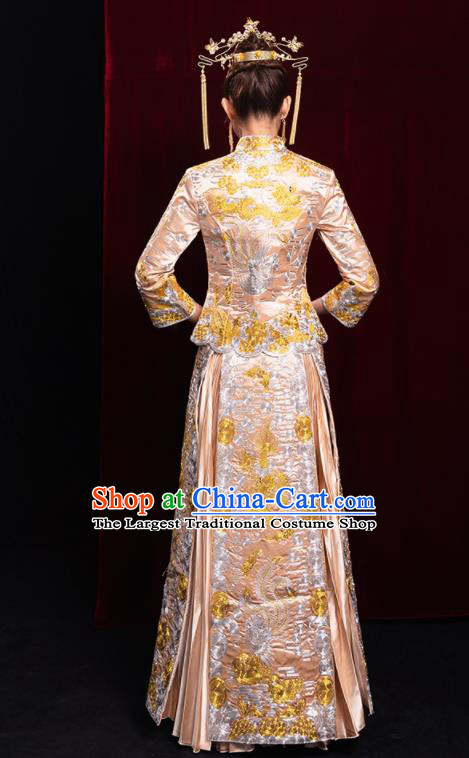 Chinese Traditional Champagne Xiu He Suit Wedding Embroidered Blouse and Dress Bottom Drawer Ancient Bride Costumes for Women