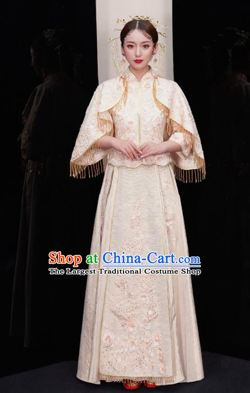 Chinese Traditional White Xiu He Suit Wedding Embroidered Blouse and Dress Bottom Drawer Ancient Bride Costumes for Women