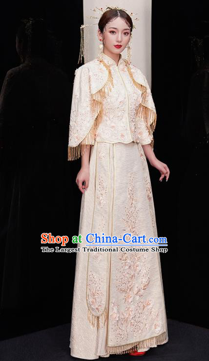 Chinese Traditional White Xiu He Suit Wedding Embroidered Blouse and Dress Bottom Drawer Ancient Bride Costumes for Women