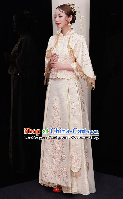 Chinese Traditional White Xiu He Suit Wedding Embroidered Blouse and Dress Bottom Drawer Ancient Bride Costumes for Women