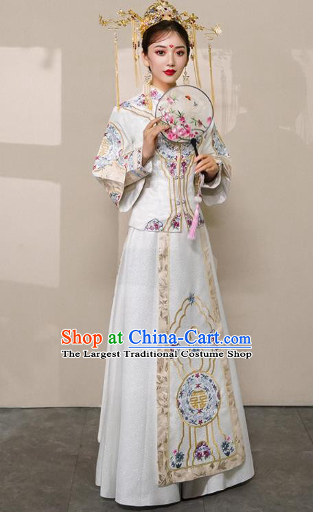 Chinese Traditional White Xiu He Suit Wedding Embroidered Peony Blouse and Dress Bottom Drawer Ancient Bride Costumes for Women