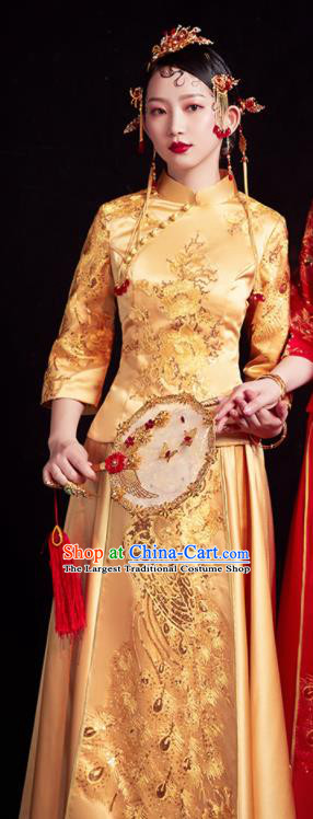 Chinese Traditional Golden Xiu He Suit Wedding Embroidered Peacock Blouse and Dress Bottom Drawer Ancient Bride Costumes for Women
