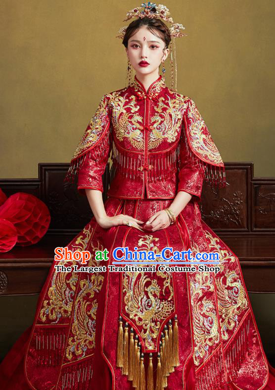 Chinese Traditional Wedding Bottom Drawer Embroidered Phoenix Blouse and Dress Xiu He Suit Ancient Bride Costumes for Women