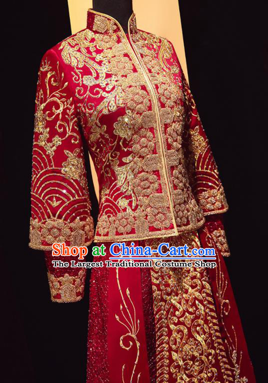 Chinese Traditional Drilling Red Xiu He Suit Wedding Embroidered Blouse and Dress Bottom Drawer Ancient Bride Costumes for Women