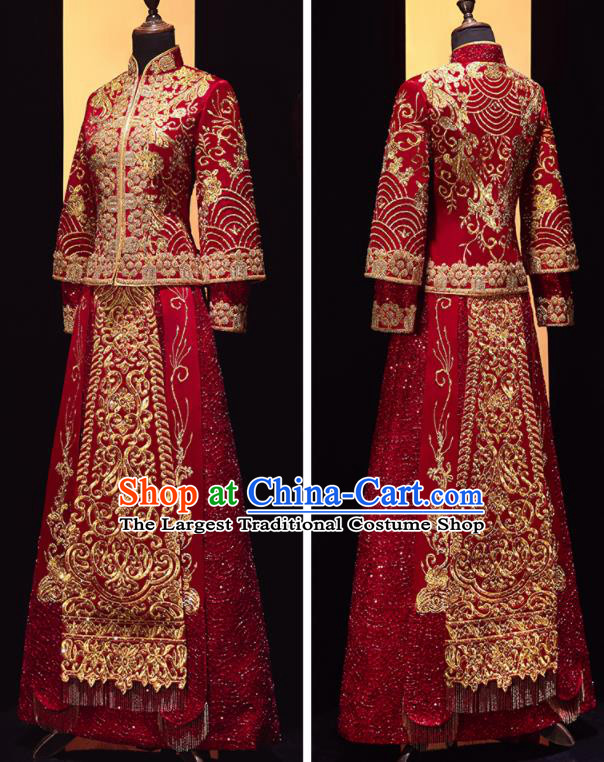 Chinese Traditional Drilling Red Xiu He Suit Wedding Embroidered Blouse and Dress Bottom Drawer Ancient Bride Costumes for Women