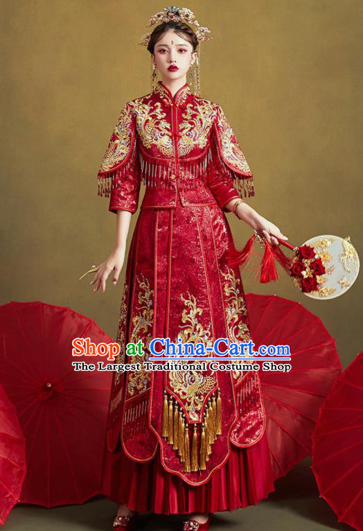 Chinese Traditional Wedding Bottom Drawer Embroidered Phoenix Blouse and Dress Xiu He Suit Ancient Bride Costumes for Women